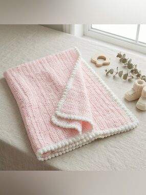 Vintage 1982 Cozy Pink and White Handmade Knit Baby Blanket